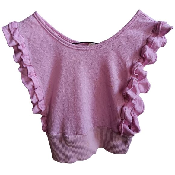 Girls 12 Vintage Crop Top 1970's Pink Ruffled Knit Textured Diamond Pattern - Picture 1 of 5